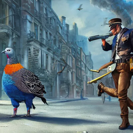 Image similar to oil painting of two pigeons holding guns, berets, medium shot, steampunk clothes, steampunk city background, sharp focus, fantasy style, octane render, volumetric lighting, 8k high definition, by greg rutkowski and james gilleard, highly detailed, trending on artStation, explosions, magic the gathering artwork, centered, 8k, hd