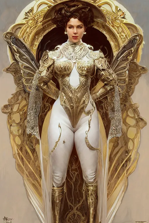 Image similar to full body portrait of a queen wearing white armor with ornate bronze and gold, white gossamer wings, art nouveau, profile, 4K, character concept art, oil painting, trending in artstation, cgsociety, by nekro, Alphonse Mucha, Artgerm, Greg Rutkowski and Craig Mullins