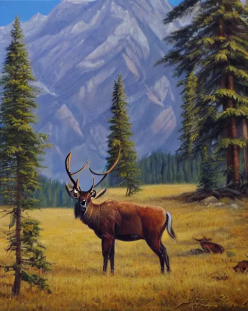 Image similar to altai wapiti with large horns in the altai forest, detailed oil painting