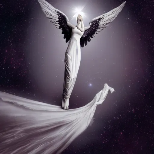 Prompt: photo of an angel that has very long neck in the outer space