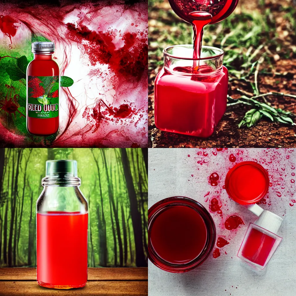Prompt: Potion of healing, red liquid, forrest background