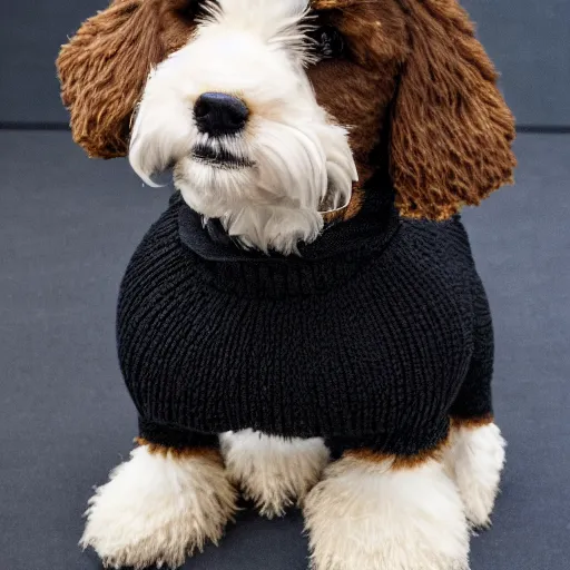 Image similar to a closeup photorealistic photograph of a cute smiling knitted bernedoodle judge dog dressed in a black gown, presiding over the courthouse. indoors, professional capture, well lit shot. this 4 k hd image is trending on artstation, featured on behance, well - rendered, extra crisp, features intricate detail, epic composition and the style of unreal engine.