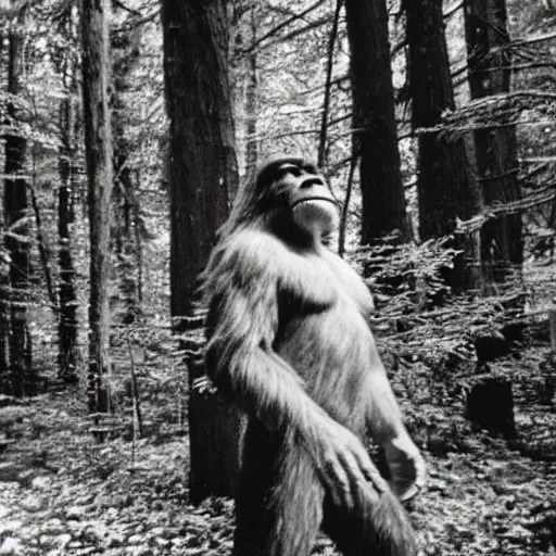 Image similar to 80s polaroid photo of bigfoot in the woods, profile view, very grainy, overexposed, candid flash photography