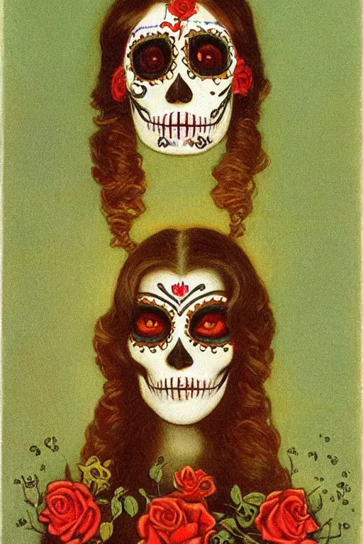 Prompt: Illustration of a sugar skull day of the dead girl, art by alphonse osbert