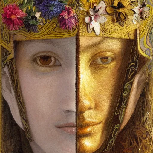 Image similar to masterpiece painting of a facemask made of flowers, by annie swynnerton and jean delville and tino rodriguez and diego rivera, flower mask, symbolist, dramatic lighting, god rays, elaborate geometric ornament, clean crisp graphics, soft cool colors, smooth sharp focus, extremely detailed