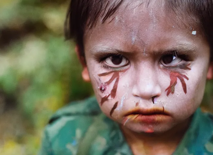 Prompt: 5 year old with warpaint, very stern look, hiding in the jungle, portrait, close-up, cinestill colour, anamorphic