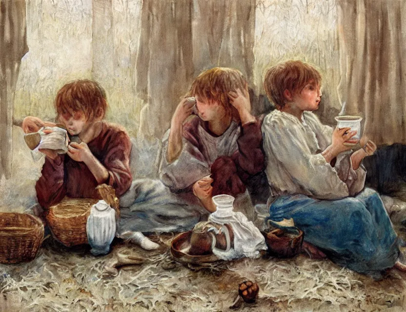 Prompt: portrait of peasant kids drinking milk, cottage core, cinematic focus, polaroid photo bleached vintage pastel colors high - key lighting, soft lights, foggy, by steve hanks, by lisa yuskavage, by serov valentin, by tarkovsky, 8 k render, detailed, oil on canvas