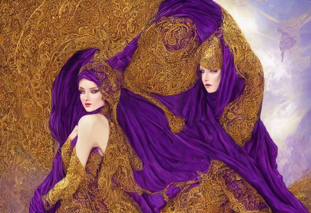 Prompt: a beautiful woman wearing a white niqab made of silk with golden jewelry and diamonds by alex gray and android jones, ornate purple background, karol bak, ayami kojima, arabian, concept art, fantasy,