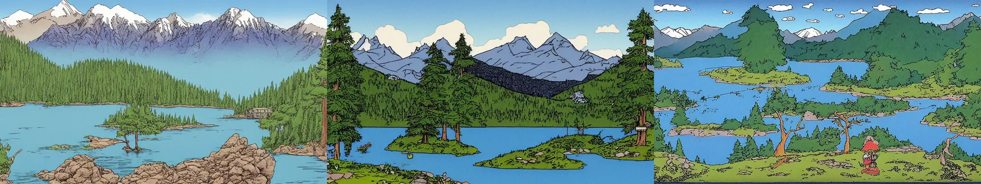 Prompt: mountains, trees, and lake, in the style of the far side ( print comic )