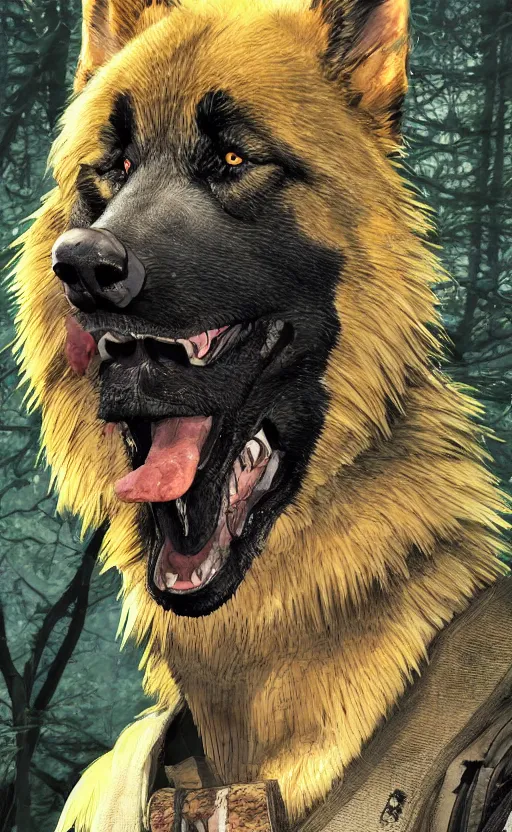 Image similar to close up character portrait icon of the german shepard beast - man military uniform head animal person wearing clothes standing in the bright forest, hidari, color page, tankoban, 4 k, tone mapping, akihiko yoshida