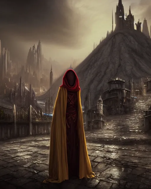 Image similar to cloaked woman, portrait, dirty alley, fantasy city, made of white stone and bright gold, built on the side of a volcano, gondor, misty, red gold color palette, medieval city, metropolis, gorgeous clouds, god rays, fantasy art, octane render, ureal engine, high detail, alphonse mucha, greg rutkowski, james gurney, johannes voss