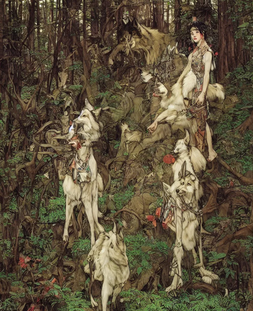 Image similar to portrait of Princess Mononoke, wolves, fully clothed in armor, lush forest, neon, concept art, schematics, painted by norman rockwell, mucha, james gurney, high detail, denoised, sharp, architectural