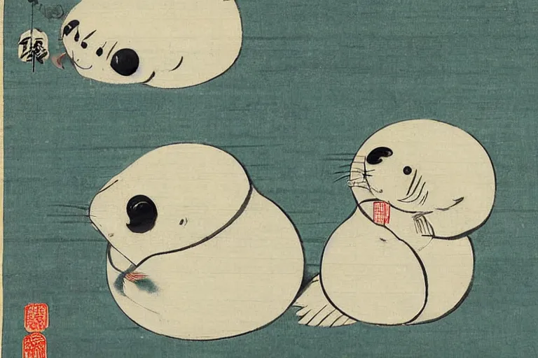 Image similar to baby harp seal as Yōkai, Japanese painting, 1800