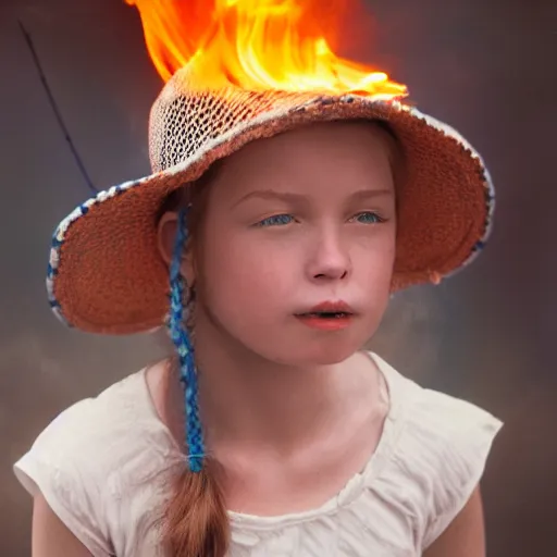 Image similar to candid photo of little girl burning in hell wearing a blue and white fishing hat by Annie Leibowitz, Photorealistic, extremely detailed, UHD, correct faces, hyperrealistic