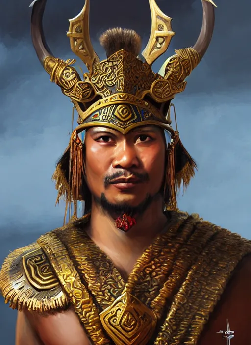 Image similar to smart tai warlord of yodia, closeup portrait, without beard and mustache, historical hero, ethnic group, tai costume, thai traditional bronze headdress, intricate, with leather armor cross on bare chest, elegant, loin cloth, highly detailed, oil painting, artstation, concept art, matte, sharp focus, illustration, hearthstone, art by earl norem