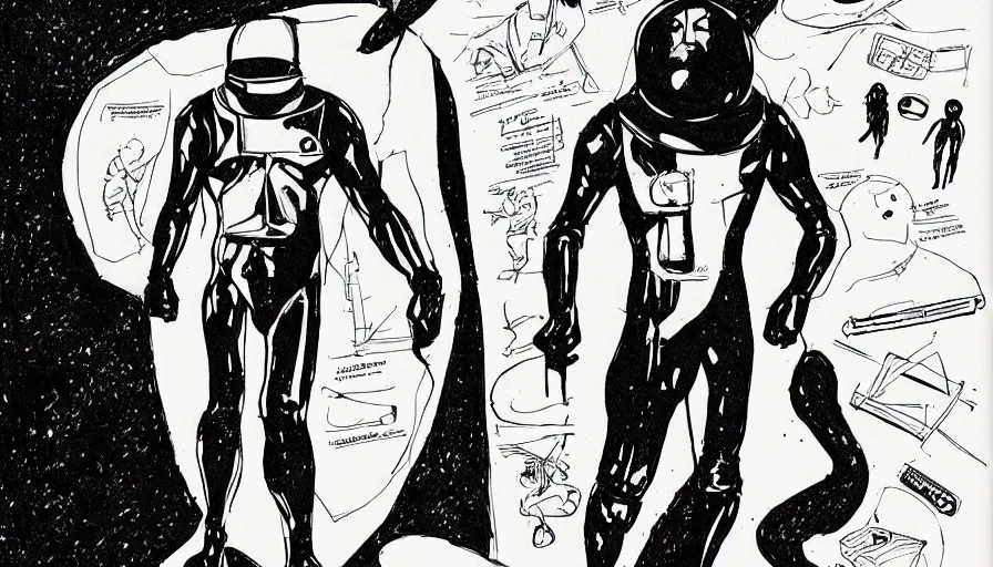 Image similar to male, elongated figure, space suit, sketch, large shoulders, tiny feet, character sheet, very stylized, digital art, illustration, pen and ink, by mike mignola, by alex maleev