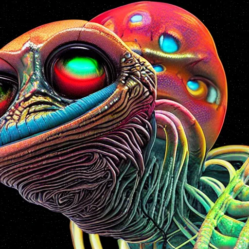 Prompt: “Holographic thermography scan of a alien with big bug eyes , the skin texture of the alien is slime with visualization of veins in 4k, the aliens mouth is human like and it has human form, worms and holes in it’s head using depth field, unreal engine, 4k concept art and hyper realism, overlay of worms on the alien head”