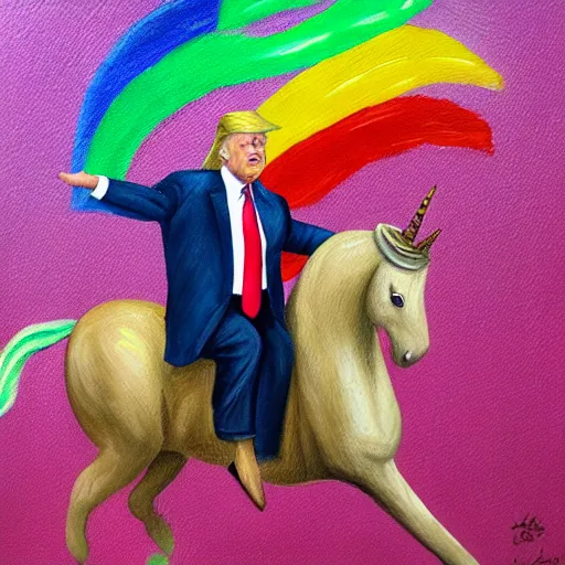 Image similar to a realistic painting of donald trump riding a rainbow unicorn