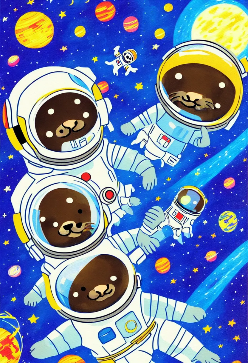 Image similar to childrens storybook cover, gauche painting, a single cute otter astronaut in a space suit floating in outer space. otter space