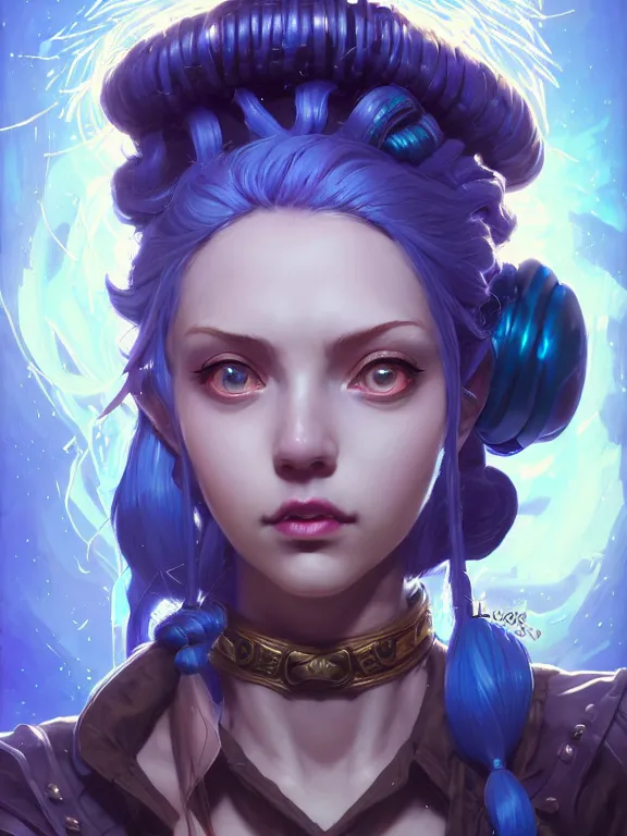Image similar to a League of Legends FAN ART Portrait of JINX The Loose Cannon, blue hair, long pigtail, intricate, elegant, highly detailed, digital painting, concept art, smooth, sharp focus, illustration, by Laurie Greasley,Lawrence Alma-Tadema,Dan Mumford,artstation,deviantart,Unreal Engine,face enhance,8K,golden ratio,cinematic lighting