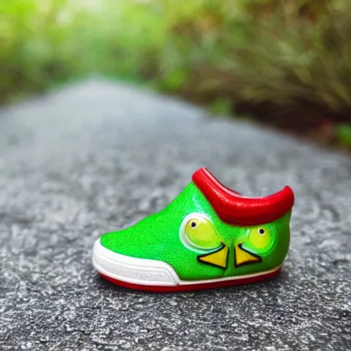 Prompt: green frog, red sneakers on each paw, tropical forest, photorealistic