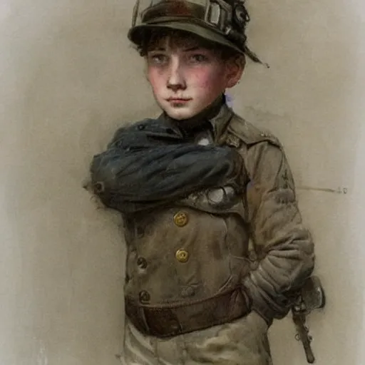 Image similar to (((((portrait of boy dressed as Dieselpunk explorer in an actionpose . muted colors.))))) by Jean-Baptiste Monge !!!!!!!!!!!!!!!!!!!!!!!!!!!