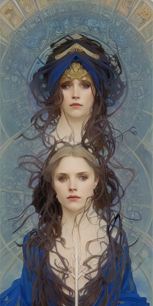 Image similar to Beautiful female wizard with blue robes wearing an intricate arcane makeup, digital art, art by Alphonse Mucha, Greg Rutkowski, Alex Ross, WLOP, Artstation, 8K