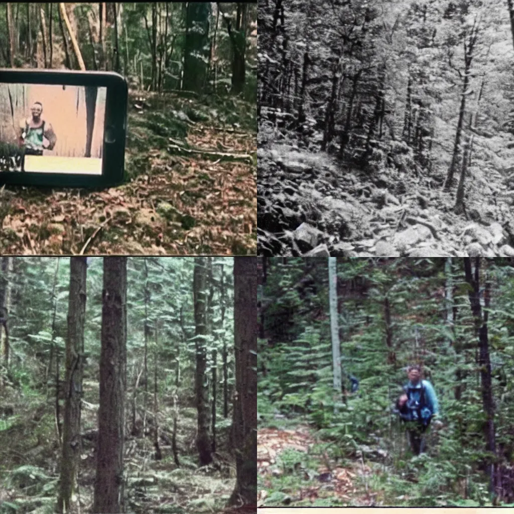 Image similar to A screen capture of found footage video left behind by a missing hiker in 1986