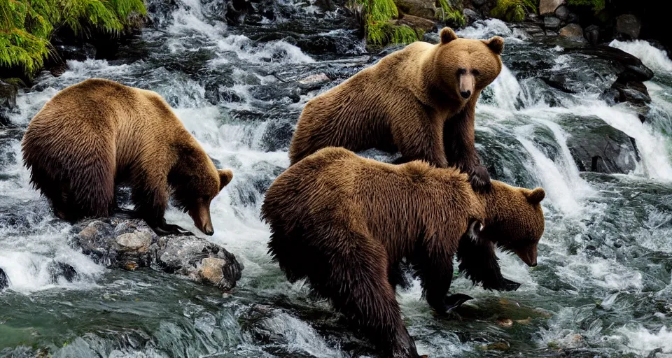 Prompt: dozens!!! of bears!!! catching salmon on a small waterfall in alaska, detailed, wide angle, 4 k