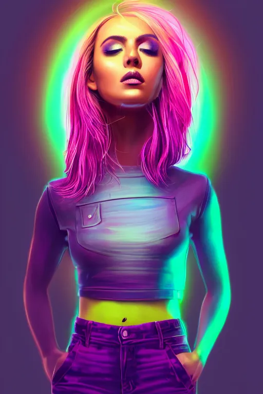 Image similar to a award winning half body portrait of a beautiful woman with stunning eyes in a croptop and cargo pants with ombre purple pink teal hairstyle and hands in pockets by thomas danthony, surrounded by whirling illuminated lines, outrun, vaporware, shaded flat illustration, digital art, trending on artstation, highly detailed, fine detail, intricate