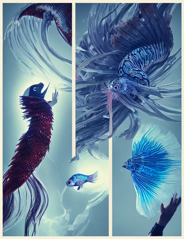 Image similar to 3 d eye of god. beautiful intricately detailed japanese crow kitsune mask and clasical japanese kimono. betta fish, jellyfish phoenix, bio luminescent, plasma, ice, water, wind, creature, artwork by tooth wu and wlop and beeple and greg rutkowski