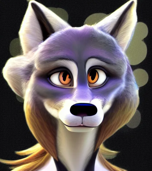 Image similar to digital drawing bust of anthromorphic female wolf, in style of zootopia, zootopia, zootopia, fursona, furry, furaffinity, 4 k, deviantart, furry art, fursona art, wearing black business suit, business suit, in style of zootopia, wolf fursona, cyberpunk, female, expressive detailed feminine face,