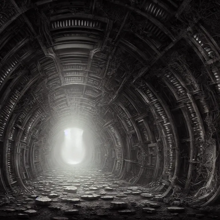 Image similar to symmetrical tunnel inside abandoned ancient alien spaceship covered with ribbed spinal tubes, surreal abandoned buildings, dream-like heavy atmosphere, baroque painting, beautiful detailed intricate insanely detailed octane render trending on Artstation, 8K artistic photography, photorealistic, volumetric cinematic light, chiaroscuro, Raphael, Caravaggio, Beksinski, Giger