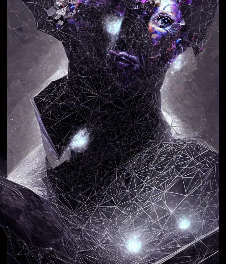 Image similar to front!!! shot of a court jester!!! character, mesmerizing fractal hypercubes, platinum cracked, dark holography!!!, future, metallic galactic, crystalline edges, polygonal, elegant, highly detailed, centered, (((artstation, concept art, jagged, sharp focus, artgerm, Tomasz Alen Kopera, Peter Mohrbacher, donato giancola, Joseph Christian Leyendecker, WLOP, Boris Vallejo))), ((raytracing)), mugshot!!!!!, ugly!!!!!!, octane render, nvidia raytracing demo, octane render, nvidia raytracing demo, octane render, nvidia raytracing demo, 8K