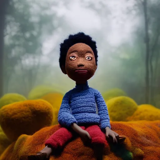 Prompt: a wide angle action portrait of a black boy with a colorful afro in a foggy jungle, by goro fujita, mark ryden and lisa frank, felt texture, volumetric wool felting, radiant light, amigurumi, macro photography, miniature world, depth of field