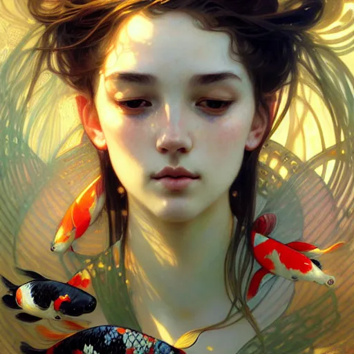 Image similar to Portrait of a girl surrounded by Koi fish, face, fantasy, intricate, elegant, highly detailed, digital painting, artstation, concept art, smooth, sharp focus, illustration, art by Krenz Cushart and Artem Demura and alphonse mucha