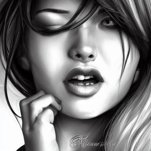 Prompt: the mouth a bit open, eyes half closed; when gentile aroused a smile. by artgerm