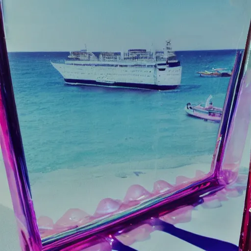 Image similar to a pastel colour high fidelity wide angle Polaroid art photo from a holiday album at a seaside of a large pink ship in the sea surrounded with abstract inflatables, all objects made of transparent iridescent Perspex and metallic silver, a grid of sun beds iridescence, nostalgic