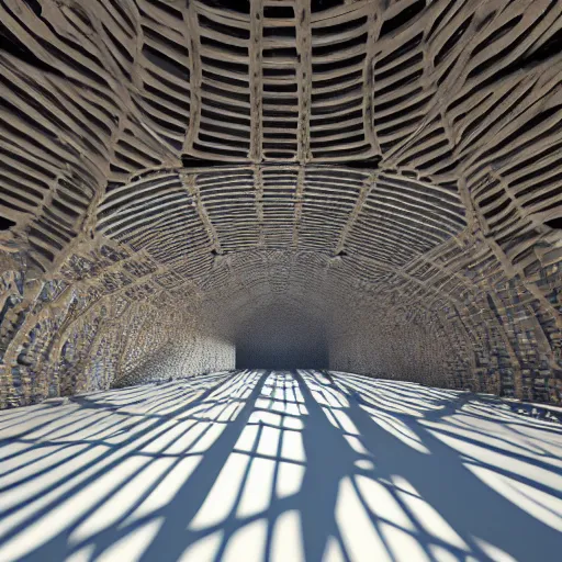 Image similar to a photo of the interior of a vast vaulted structure made of driftwood, the structure is infinite, volumetric lighting, light rays, photorealistic, ultrarealistic, coronarender, 8k