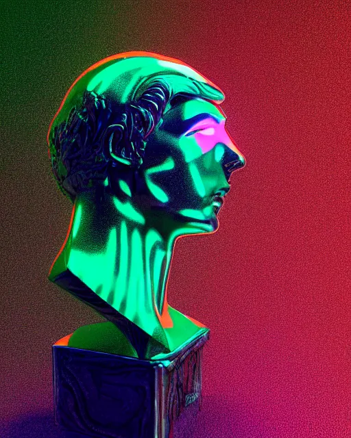 Prompt: dramatic cyberpunk portrait of a metallic marble bust, crystalline, red glow, green glow, blue glow, atmospheric haze, intense shading, optic ripple, backlit, bokeh, centered