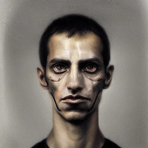 Image similar to surreal portrait of a man by Greg Rutkowski, symmetrical face, he is about 30 years old, short black hair with bangs, his features are a mix between French, Turkish and Russian, transformed into a kind of biomechanical transhuman god, uncany but fascinating, expression of epiphany and determination, cosmic void background, frightening, fascinating, highly detailed portrait, digital painting, book cover, artstation, concept art, smooth, sharp foccus ilustration, Artstation HQ