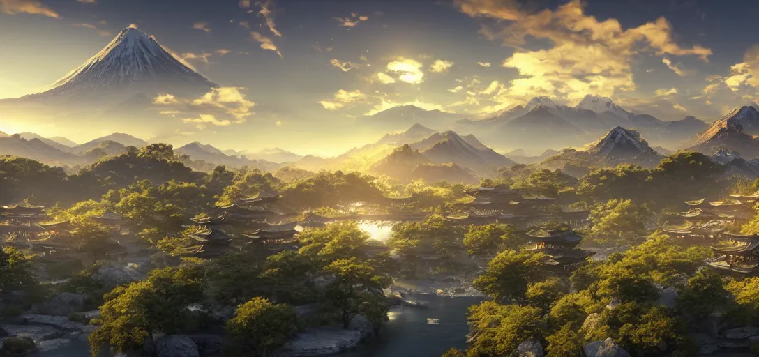 Prompt: epic view of beautiful ancient japanese city, clear blue skies, winding rivers, there are mountains and hills in the far background distance, unreal engine, dramatic lighting, detailed, ambient occlusion, global illumination, god rays, 3 d artstation render by greg rutowski and jessica rossier