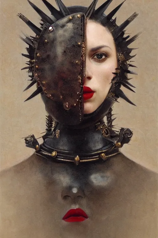 Image similar to portrait of a warrior woman, mulatto, crossbreed, metis very beautiful face, pleasant facial features, red lips, long gray hair, black closed velvet dress, leather armor, iron armor, white boots, alexander mcqueen clothes, gold mask with metal spikes on the face, very beautiful style, photorealism, bouguereau, edgard maxence