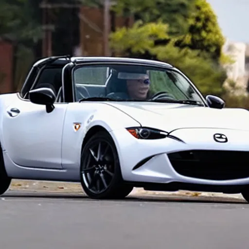 Prompt: A giant Mazda Miata NA wreaks havoc over a city