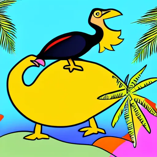 Prompt: cute digital illustration of a dodo bird surfing. super cute. tropical. colorful.