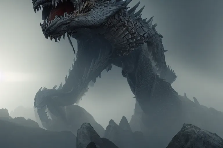 Image similar to amplified ritual engine, closeup portrait of a colossal mega monster dragon, shrouded in fog, dramatic lighting, unreal engine, cgsociety, artstation, 8k