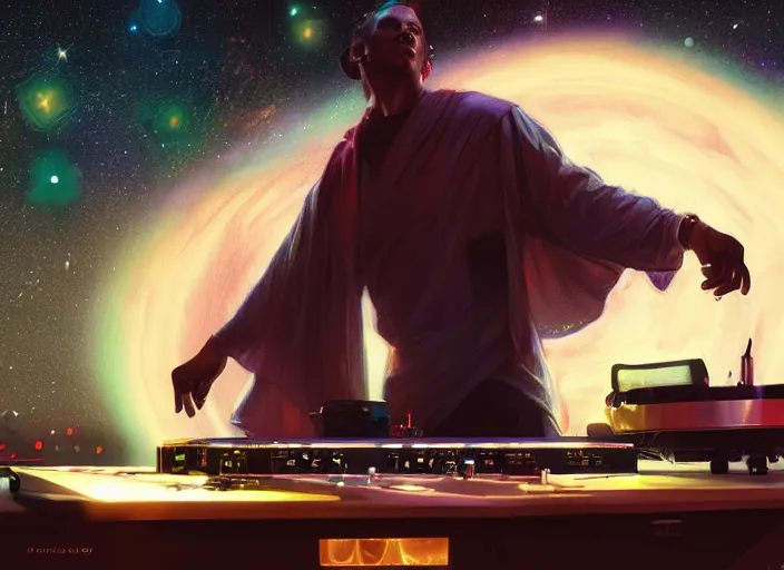 Prompt: Man djing under the galaxy, digital art, artstation, hyperrealistic, 4k, unreal engine, octane render, trending on artstation, art by Artgerm and Greg Rutkowski and Alphonse Mucha