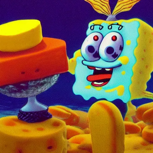 Image similar to A full body photo of the beautiful SpongeBob SquarePants made of cheese as a siren, he is looking straight to the camera, he has a glow coming from him, she is getting illuminated for rays of light that cross the sea, behind is a scary atmosphere of The Krusty Krab, the photo was taking by Annie Leibovitz, matte painting, oil painting, naturalism, 4k, 8k