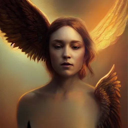 Image similar to majestic gracious regal radiating female winged angel portrait, atmospheric lighting, painted, ethereal, intricate, volumetric lighting, beautiful, rich deep colours masterpiece, golden hour, sharp focus, ultra detailed, by leesha hannigan, ross tran, thierry doizon, kai carpenter, ignacio fernandez rios