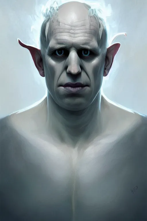 Image similar to Boris Johnson as Lord Voldemort without nose, Boris Johnson hairstyle, masculine figure, highly detailed, digital painting, artstation, concept art, smooth, sharp focus, illustration, cinematic lighting, art by artgerm and greg rutkowski and alphonse mucha